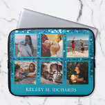 Blue Glitter 6 Photo Collage met naam Laptop Sleeve<br><div class="desc">Stijlvolle,  glazen blauwe glitterlaptop die u kunt creëer op uw eigen foto-collage door uw favoriete zes foto's aan de sjablonen toe te voegen. Voeg onderaan jouw naam toe voor een extra personalisatie. Een doordacht aangepast cadeau voor verjaardagen,  afstuderen,  pensionering of moederdag.</div>