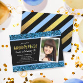 Blue Glitter Any Age Foto Uitnodiging Verjaardag