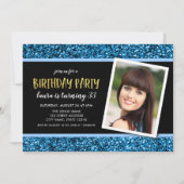 Blue Glitter Any Age Foto Uitnodiging Verjaardag (Voorkant)