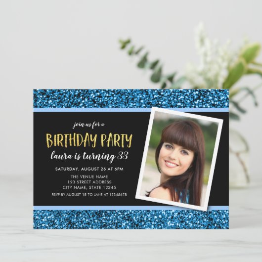 Blue Glitter Any Age Foto Uitnodiging Verjaardag (Staand voorkant)