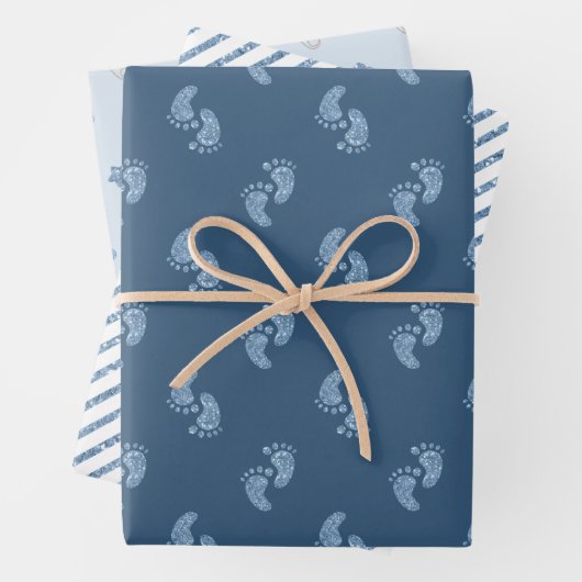 Blue Glitter Baby Feet Baby shower Wrapping Paper (In situ)