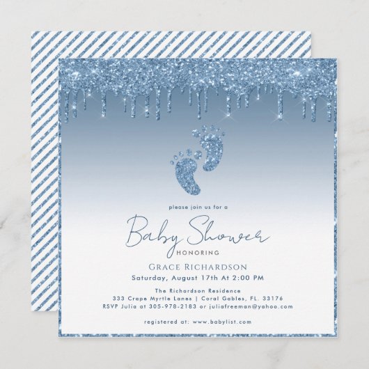 Blue Glitter Baby shower Uitnodiging met Baby Feet (Voorkant / Achterkant)