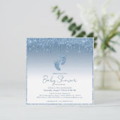 Blue Glitter Baby shower Uitnodiging met Baby Feet (Staand voorkant)