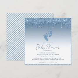 Blue Glitter Baby shower Uitnodiging met Baby Feet