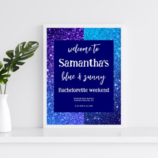 Blue Glitter Bachelorette Party Welkomstteken Poster