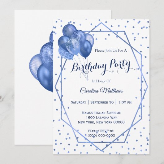 Blue Glitter Balloons Lijst Verjaardag Kaart (Voorkant / Achterkant)