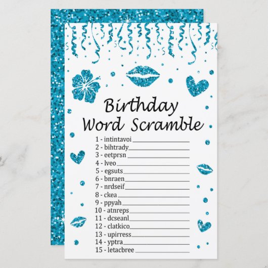 Blue glitter Birthday Word Scramble Game (Voorkant / Achterkant)