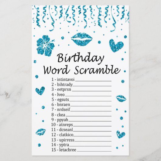 Blue glitter Birthday Word Scramble Game (Voorkant)