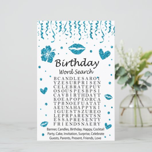 Blue glitter Birthday Word Search Game (Staand voorkant)