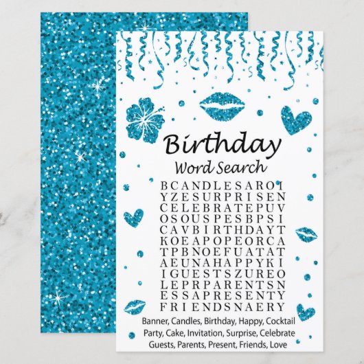 Blue glitter Birthday Word Search Game (Voorkant / Achterkant)