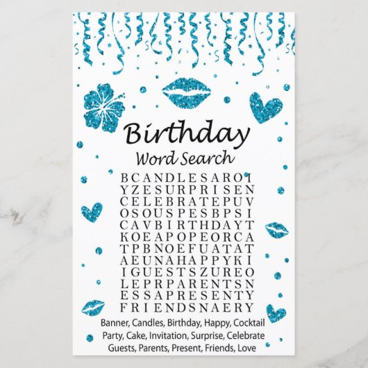 Blue glitter Birthday Word Search Game (Voorkant)