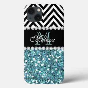 BLUE GLITTER BLACK CHEVRON MONOGRAMMED iPhone 13 HOESJE