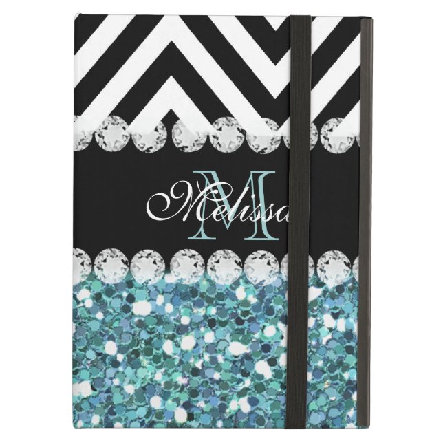 BLUE GLITTER BLACK CHEVRON MONOGRAMMED iPad AIR HOESJE (Voorkant Gesloten)