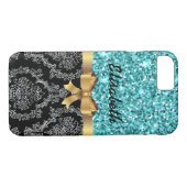 Blue GLITTER BLACK DAMASK GOLDEN BOW MONOGRAM Case-Mate iPhone Case (Achterkant (Horizontaal))