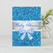 Blue Glitter Blue Bow Baby shower Invitation Kaart (Staand voorkant)