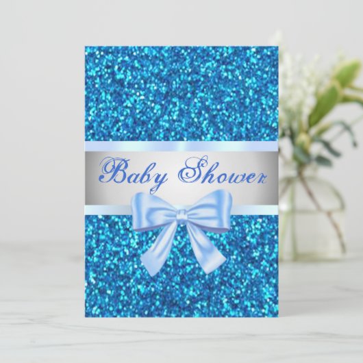 Blue Glitter Blue Bow Baby shower Invitation Kaart (Staand voorkant)