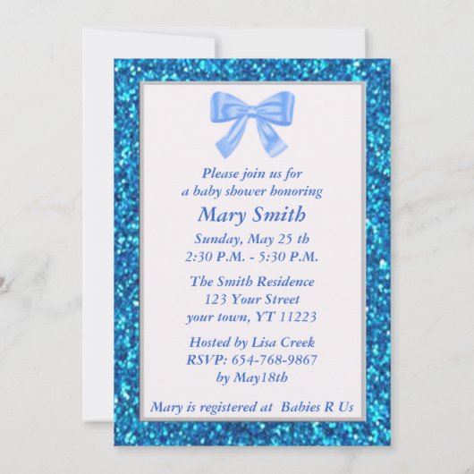Blue Glitter Blue Bow Baby shower Invitation Kaart (Achterkant)