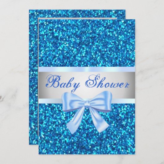 Blue Glitter Blue Bow Baby shower Invitation Kaart (Voorkant / Achterkant)