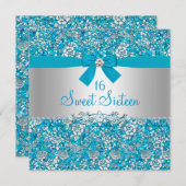 Blue Glitter & Bow Sweet Sixteen Invite Kaart (Voorkant / Achterkant)