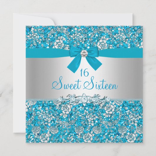 Blue Glitter & Bow Sweet Sixteen Invite Kaart (Voorkant)