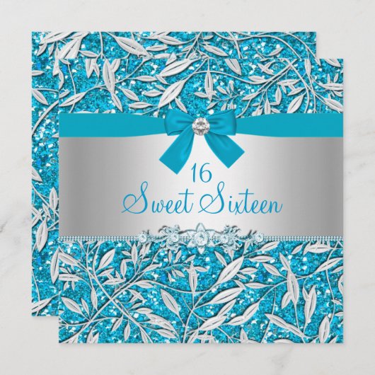 Blue Glitter & Bow Sweet Sixteen Invite Kaart (Voorkant / Achterkant)