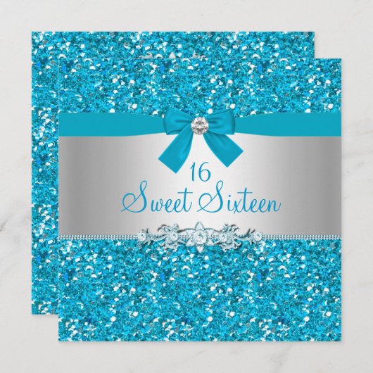 Blue Glitter Bow Sweet Sixteen Invite Kaart (Voorkant / Achterkant)