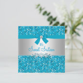 Blue Glitter Bow Sweet Sixteen Invite Kaart (Staand voorkant)