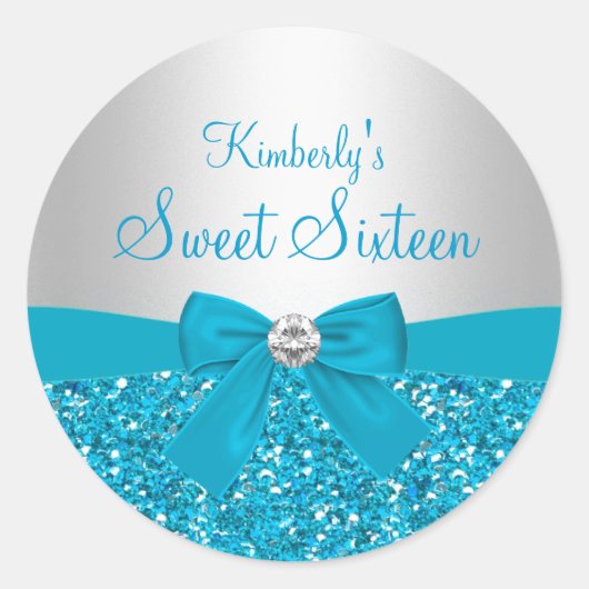 Blue Glitter Bow Sweet Sixteen Sticker (Voorkant)