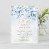 Blue Glitter Butterfly Baby shower Invitation Kaart (Staand voorkant)