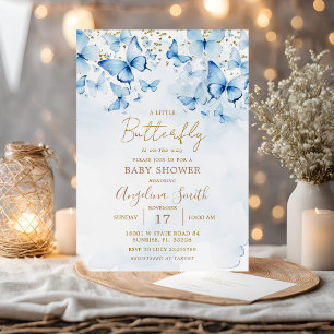 Blue Glitter Butterfly Baby shower Invitation Kaart