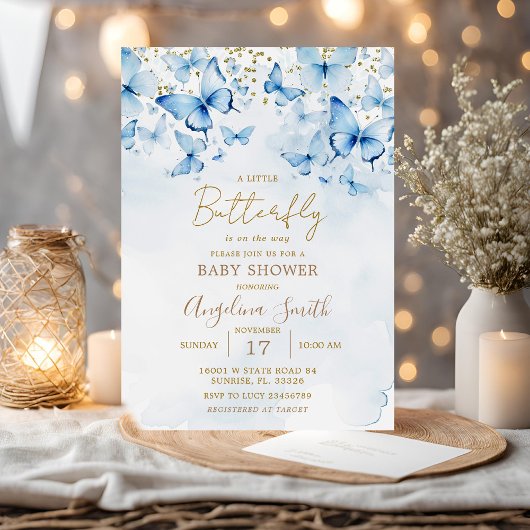 Blue Glitter Butterfly Baby shower Invitation Kaart