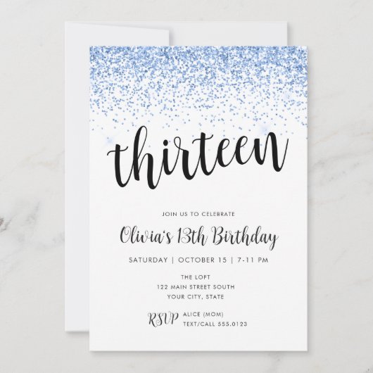 Blue Glitter Confetti Border verjaardagsuitnodigin Kaart (Voorkant)