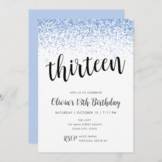 Blue Glitter Confetti Border verjaardagsuitnodigin Kaart (Voorkant / Achterkant)