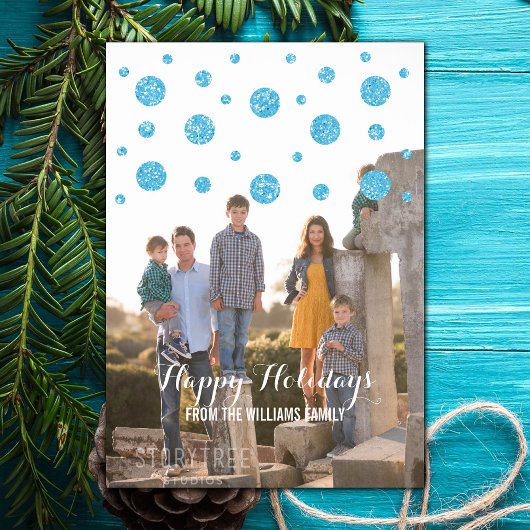 Blue Glitter Confetti Holiday Photo Card Feestdagenkaart