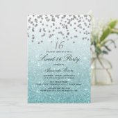 Blue Glitter Confetti Sweet 16 Invitation Kaart (Staand voorkant)