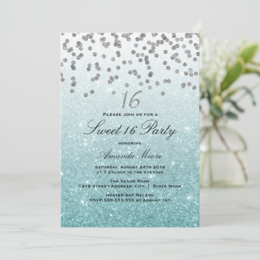 Blue Glitter Confetti Sweet 16 Invitation Kaart (Staand voorkant)