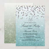 Blue Glitter Confetti Sweet 16 Invitation Kaart (Voorkant / Achterkant)