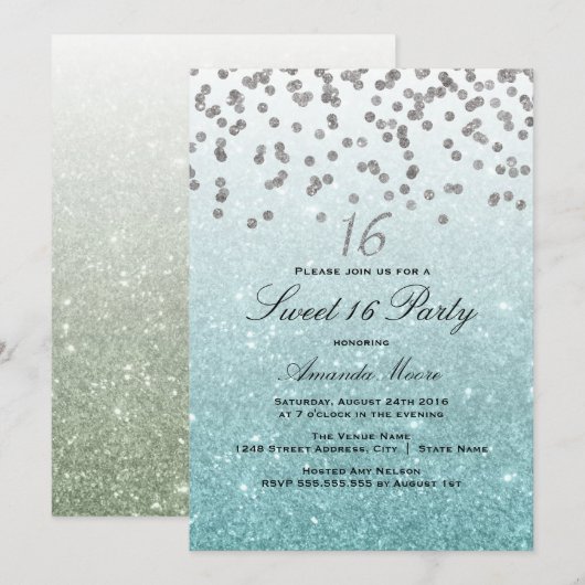 Blue Glitter Confetti Sweet 16 Invitation Kaart (Voorkant / Achterkant)