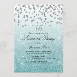 Blue Glitter Confetti Sweet 16 Invitation Kaart