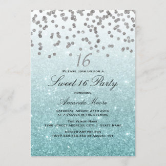 Blue Glitter Confetti Sweet 16 Invitation Kaart