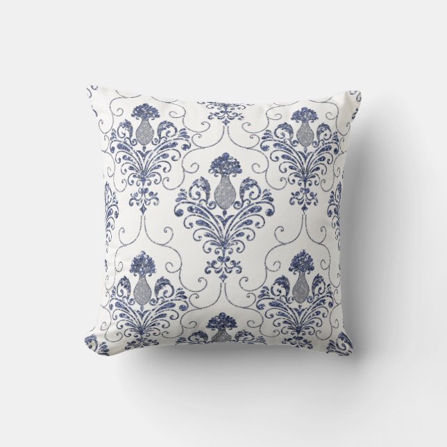 Blue Glitter Damask omkeerbaar Sierkussen (Voorkant)
