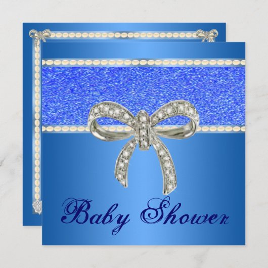 Blue Glitter Diamond Bow Baby shower Invitation Kaart (Voorkant / Achterkant)