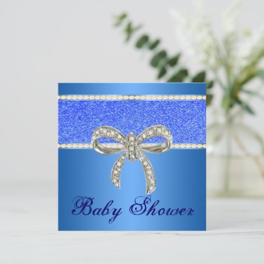 Blue Glitter Diamond Bow Baby shower Invitation Kaart (Staand voorkant)