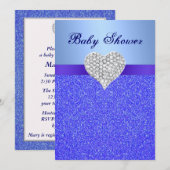 Blue Glitter Diamond Heart Baby shower Invitation Kaart (Voorkant / Achterkant)
