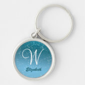 Blue Glitter Diamond Sparkles Monogram Silver Sleutelhanger (Voorkant)