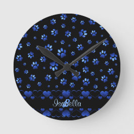 Blue glitter dog paw pattern, Monogram  Ronde Klok