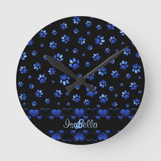 Blue glitter dog paw pattern, Monogram  Ronde Klok (Voorkant)
