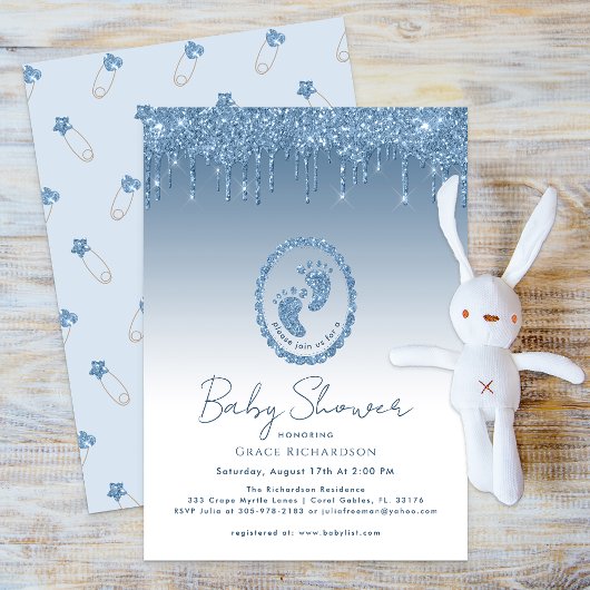 Blue Glitter Drip Baby shower Invitation Kaart