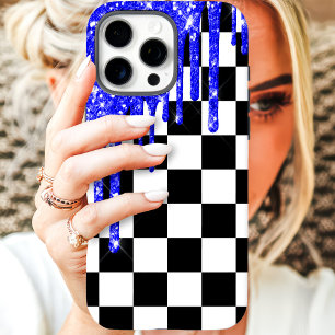 Blue Glitter Drip Checkerboard iPhone 16 Pro Max Hoesje