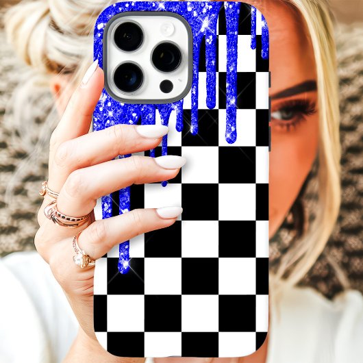 Blue Glitter Drip Checkerboard Case-Mate iPhone Case